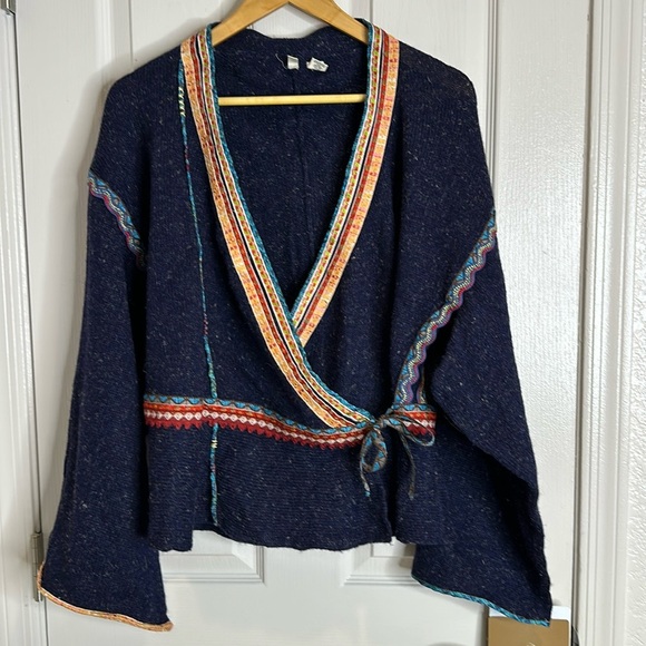 MOTH~ANTHROPOLOGIE Ribbon Trimmed Hippie Bohemian Wrap Sweater Size L - Picture 1 of 15